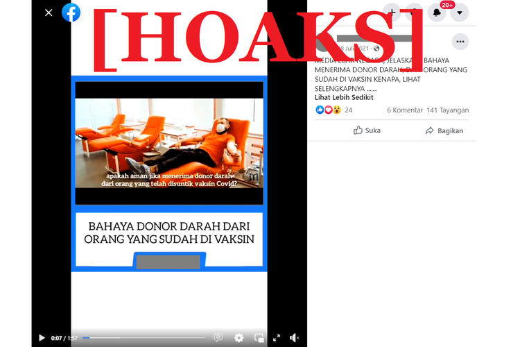 Tangkapan layar unggahan hoaks di sebuah akun Facebook, yang menyebut bahaya menerima donor darah dari orang yang divaksin Covid-19.