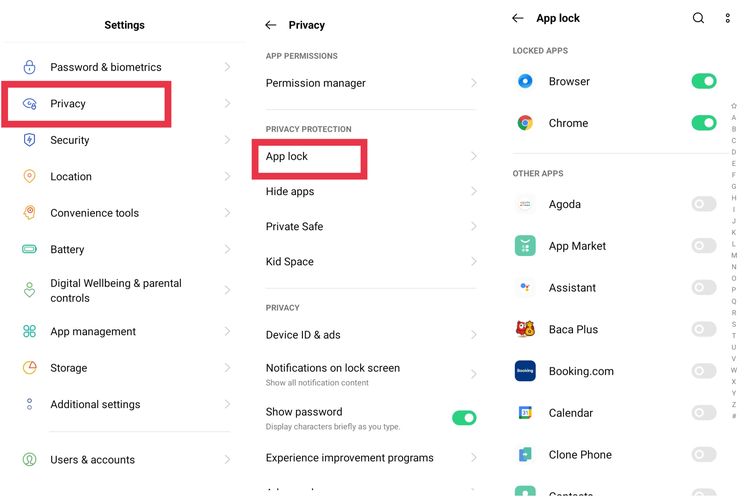 Cara mengakses fitur App Lock di Oppo A16.