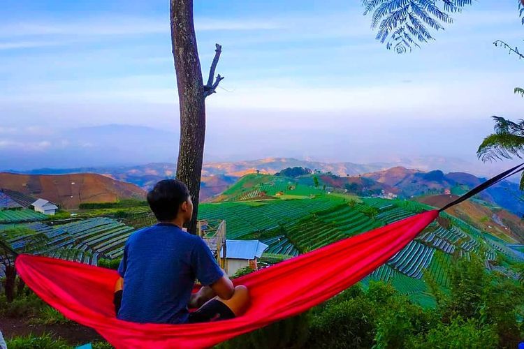 Pengunjung memandangi terasering dan hamparan pegunungan di Bukit Mercury Sayang Kaak, Majalengka, Jawa Barat.