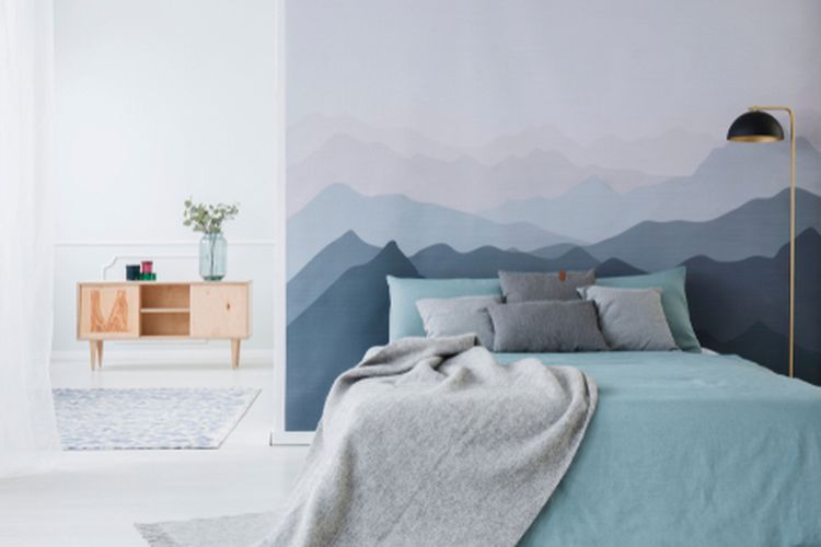 Ilustrasi kamar tidur minimalis warna pastel.