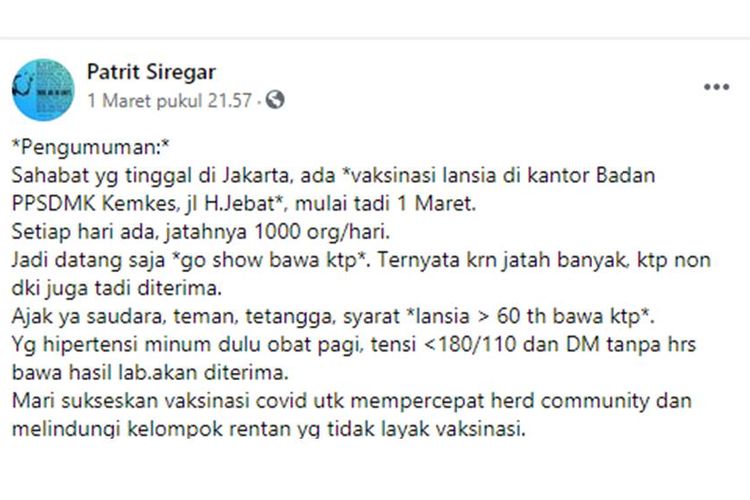 Tangkapan layar unggahan hoaks yang menyebut vaksinasi lansia di DKI Jakarta tanpa harus melakukan pendaftaran, cukup membawa KTP.