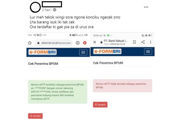 Tangkapan layar unggahan warganet yang mengaku sore hari sempat dinyatakan sebagai penerima bantuan UMKM, tetapi paginya berubah menjadi tidak terdaftar.