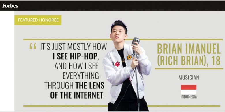 Rich Brian menjadi salah satu sosok yang masuk dalam 30 tokoh Asia yang dinilai memiliki pengaruh untuk usia di bawah 30 tahun.