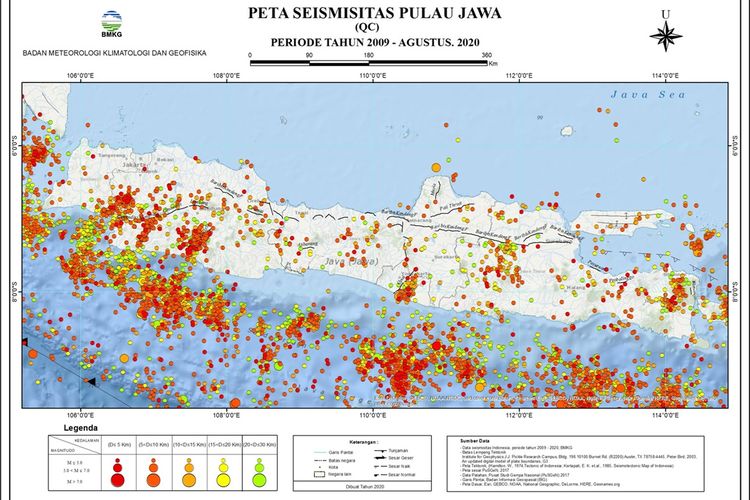 Peta seismisitas di Pulau Jawa periode 2009-Agustus 2020.