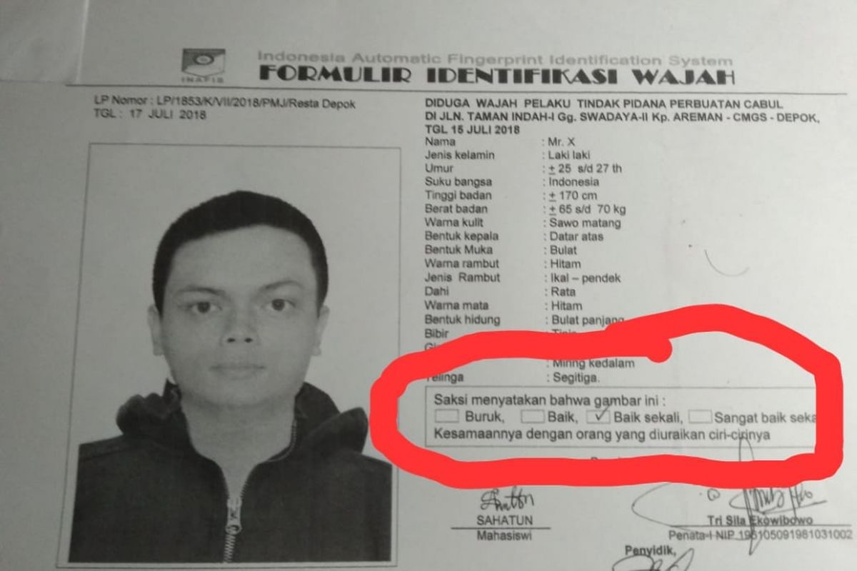 Sketsa wajah pelecehan seksual Depok, Senin (30/7/2018)