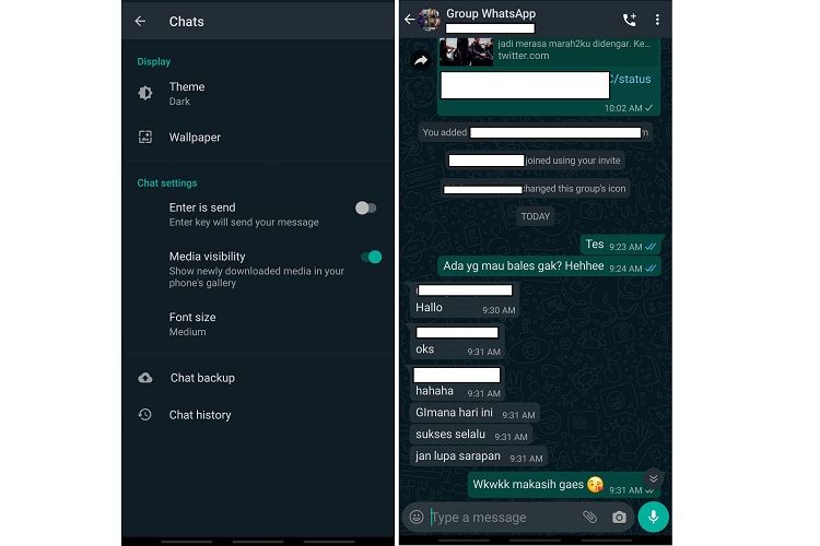 Penampakan versi gelap atau dark mode di WhatsApp.