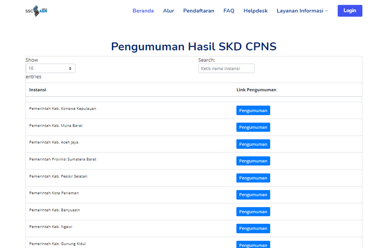 Tangkapan layar halaman cek hasil pengumuman SKD CPNS 2021 di laman sscasn.bkn.go.id.