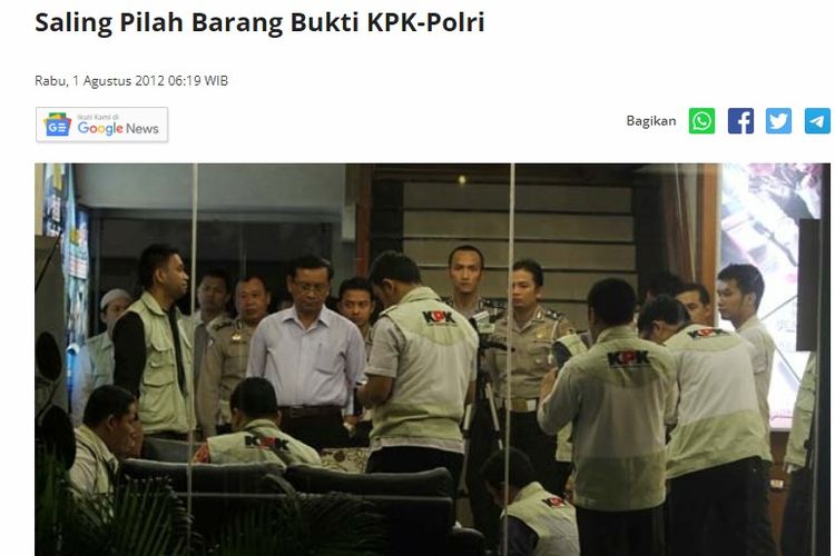 Tangkapan layar artikel Tempo.co, petugas KPK melakukan penggeledahan di lobi gedung Korlantas Polri, Jakarta