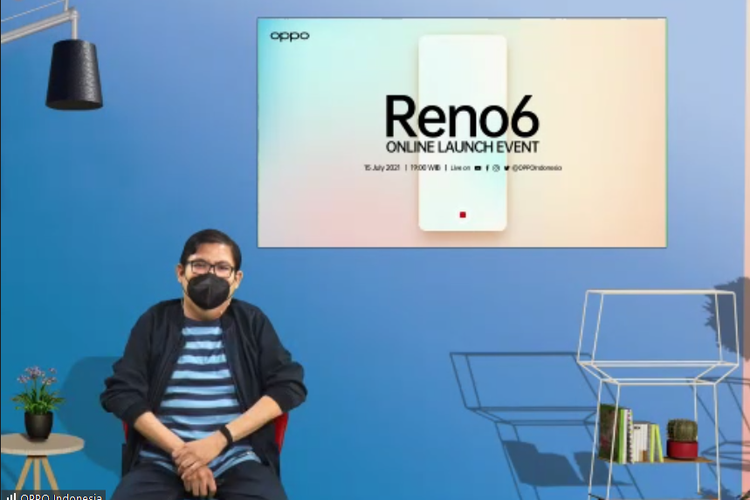 Tangkapan layar Aryo Meidianto, PR Manager Oppo Indonesia untuk Seri A dan Reno, saat mempesentasikan Reno6 di sebuah acara temu media virtual, Senin (12/7/2021).
