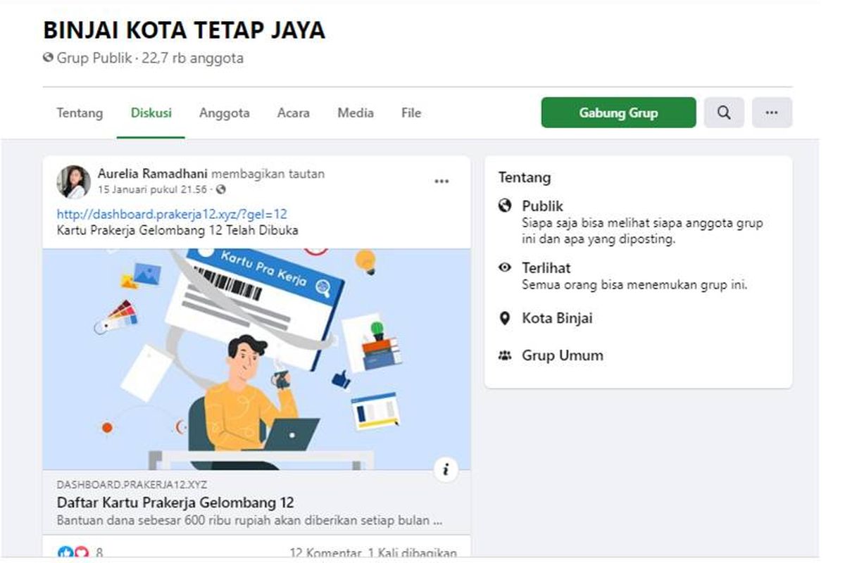 Tangkapan layar postingan hoaks tentang Kartu Prakerja gelombang 12 dibuka