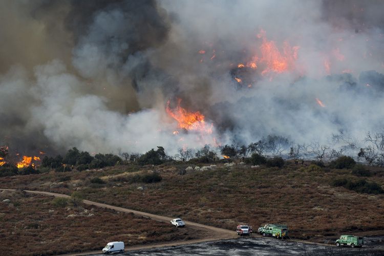 Kebakaran hutan terlihat di sisi bukit Yucaipa, California, pada Sabtu 5 September 2020. Tiga kebakaran hutan yang begitu cepat menyebar membuat warga mengungsi dan lebih dari 200 orang terperangkap di salah satu lokasi perkemahan.