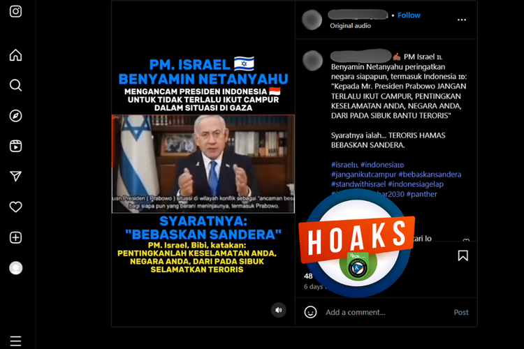 Tangkapan layar konten hoaks di sebuah akun Facebook, Sabtu (26/4/2025), mengenai Netanyahu mengecam Presiden Prabowo.