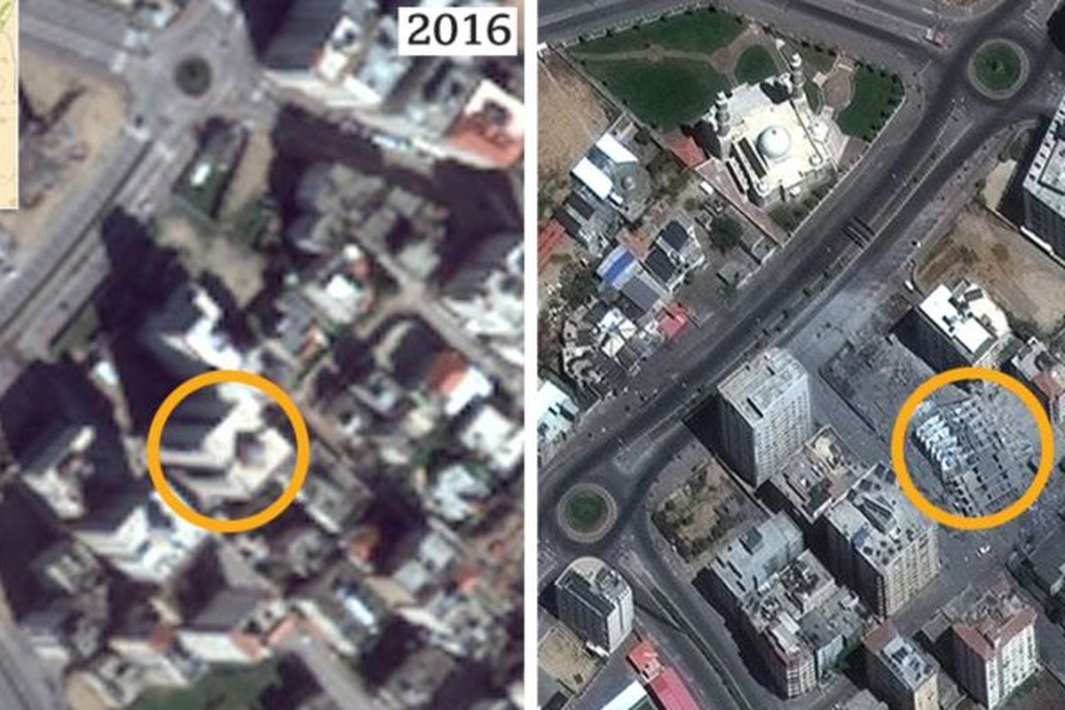 Kiri: Citra terbaru menara Hanadi di Gaza dari Google Earth, kanan: citra satelit resolusi tinggi menunjukkan menara tersebut telah hancur.