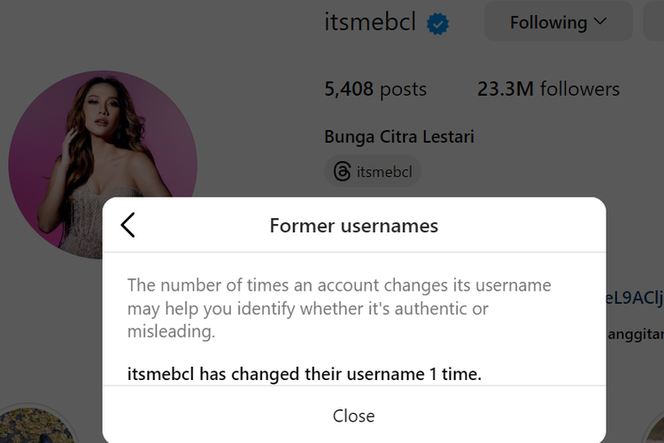 Penyanyi Bunga Citra Lestari (BCL) mengganti nama akun Instagram miliknya, Jumat (20/1/2023). Kini tak ada lagi nama Sinclair di belakangan nama akun BCL.
