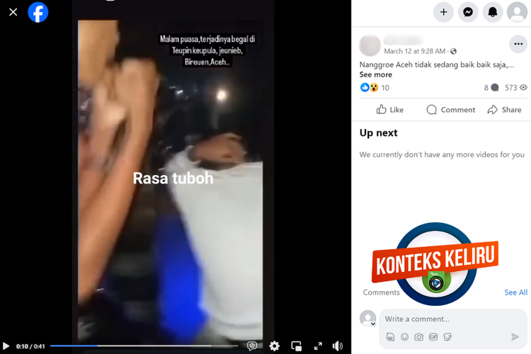 Tangkapan layar konten hoaks di sebuah akun Facebook, Selasa (12/3/2024), soal pengeroyokan begal di Kecamatan Jeunieb, Kabupaten Bireuen, Aceh yang terjadi pada awal Ramadhan.