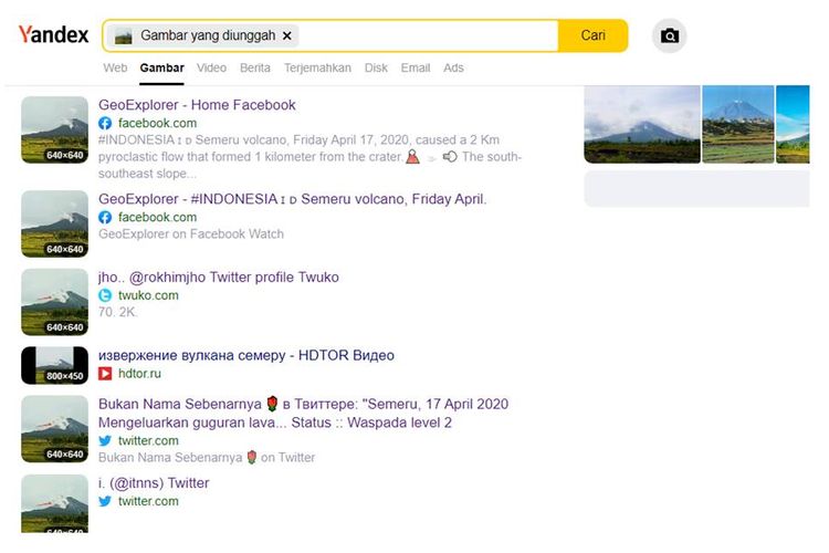 Tangkapan layar hasil pencarian di Yandex soal hoaks erupsi Merapi