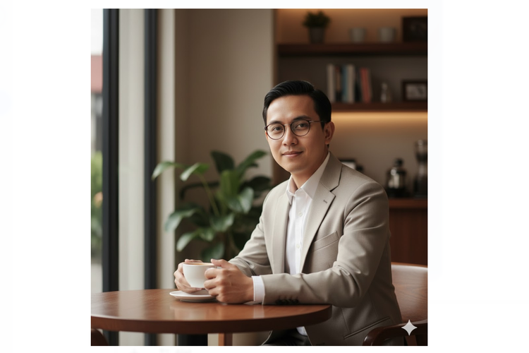 Ilustrasi Gemini AI foto di kafe estetik dengan pose elegan.