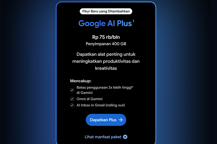 Tampilan paket Google AI Plus di laman Google One