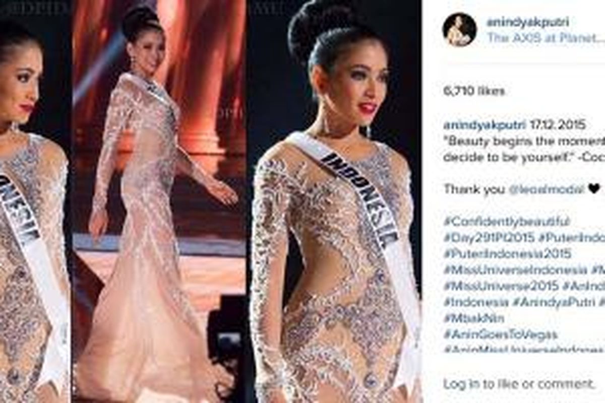 Anindya Kusuma Putri mengenakan gaun malam anggun di salah satu kompetisi Miss Universe 2015