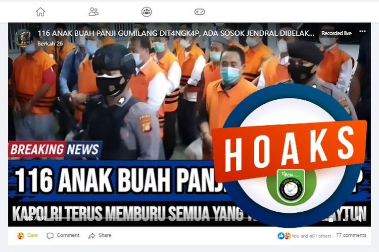 Tangkapan layar Facebook narasi yang menyebut sebanyak 116 anak buah Panji Gumilang ditangkap polisi