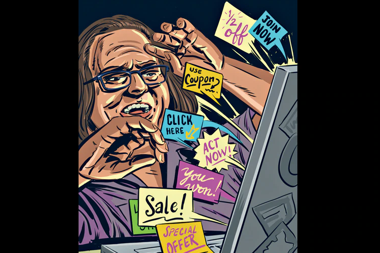 Ilustrasi pencipta iklan pop-up, Ethan Zuckerman, melihat ciptaannya (iklan pop-up) mengganggu ketika berselancar di internet.
