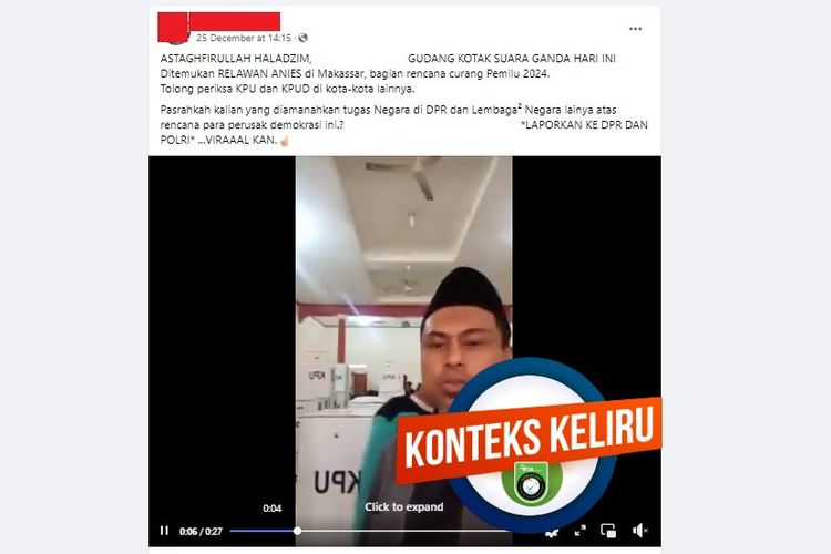 Tangkapan layar Facebook narasi yang menyebut bahwa ditemukan kotak suara ganda di Makassar dan terkait dengan kecurangan di Pemilu 2024