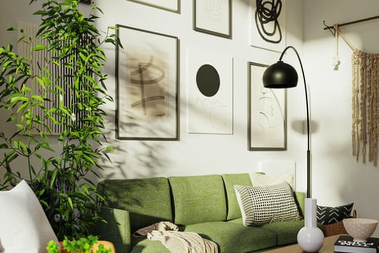 Ilustrasi ruang keluarga dengan pencahayaan alami dan hiasan dinding.
