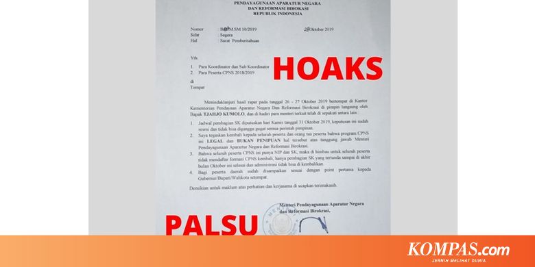 [HOAKS] Jadwal Pembagian SK CPNS Diputuskan 31 Oktober 2019