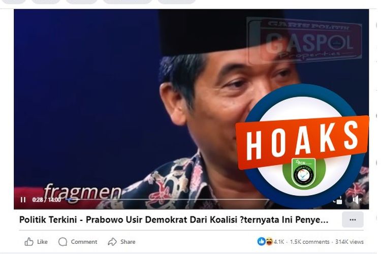 Tangkapan layar Facebook narasi yang menyebut Prabowo mengusir Partai Demokrat dari Koalisi Indonesia Maju