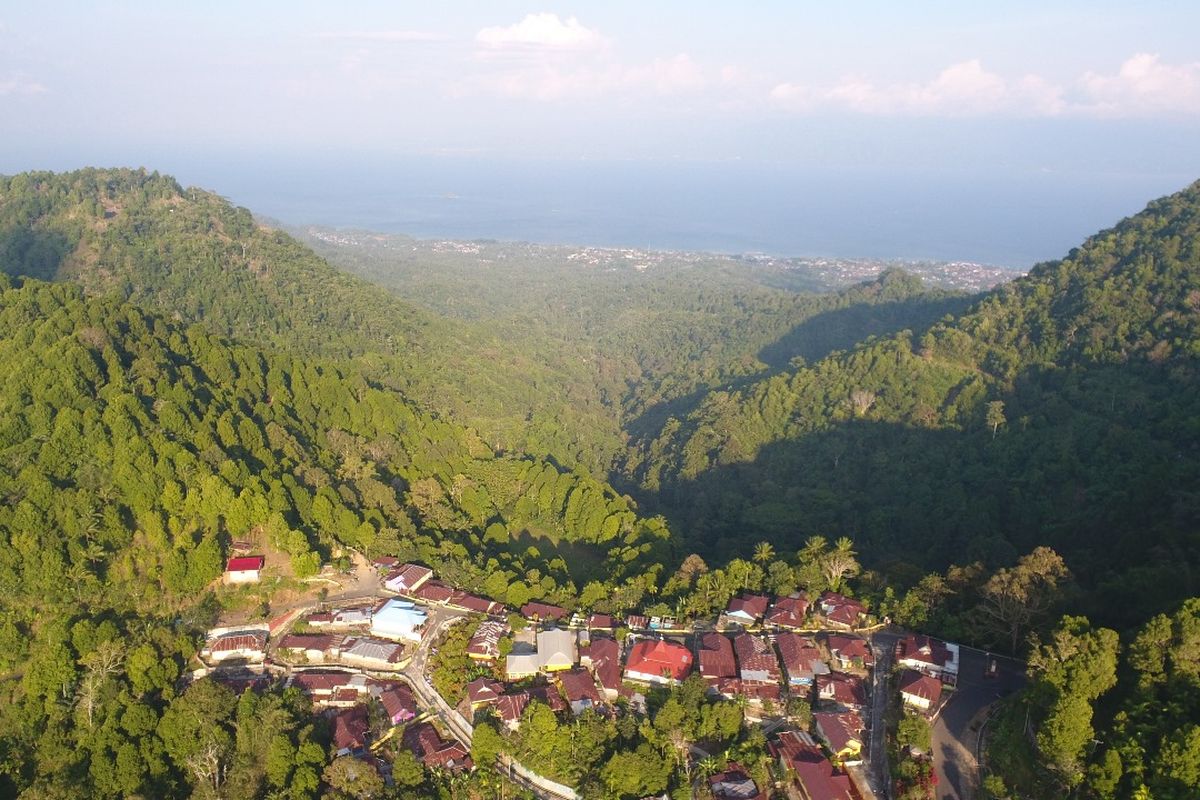 Bentang alam Kelurahan Kalaodi, Maluku Utara. Pengelolaan hutan secara berkelanjutan oleh warga diinspirasi oleh tradisi turun temurun di area tersebut yang mengedepankan kesejahteraan bersama alih-alih kepemilikan lahan individual.