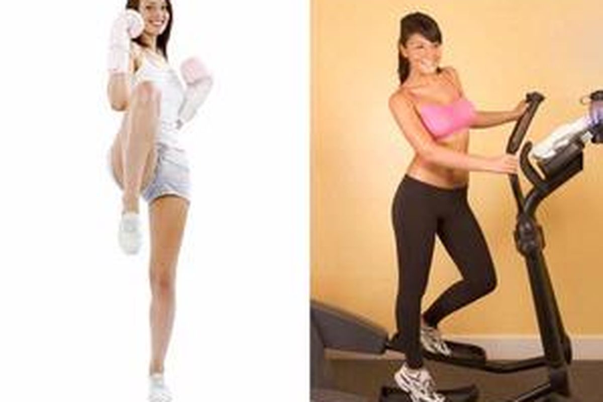 Pilih kickboxing (kiri), atau latihan dengan elliptical machine.