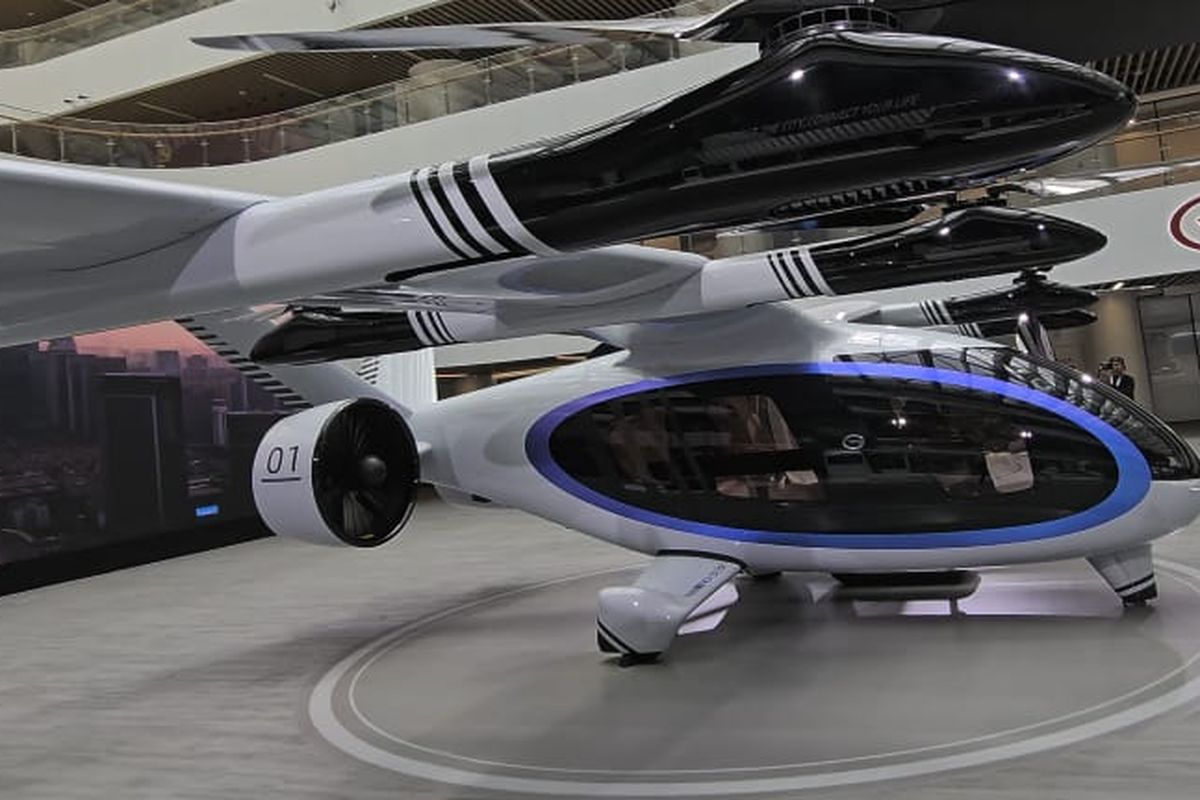 Mobil terbang Govy Airjet yang dipamerkan di pusat penelitian dan pengembangan GAC Group di distrik Panyu, Guangzhou, China.