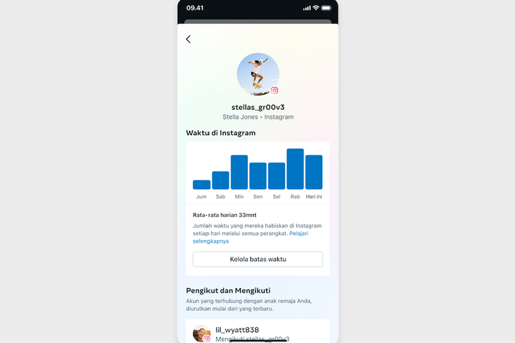 Manajemen waktu penggunaan media sosial di fitur Pengawasan Instagram.