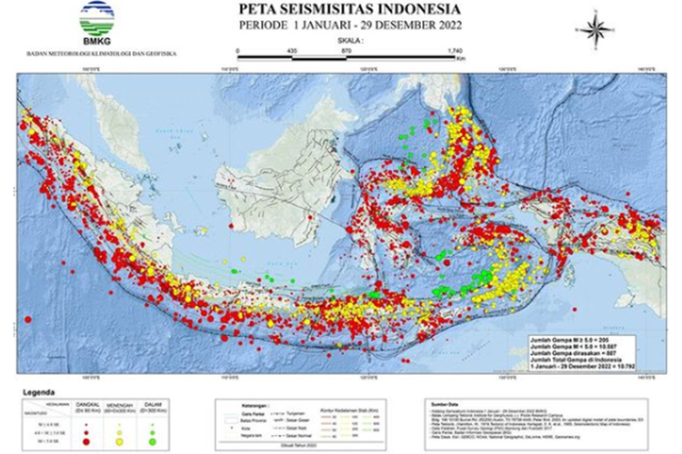 Peta seismisitas Indonesia periode 1 Januari-29 Desember 2022. BMKG mengungkapkan bahwa telah terjadi 10.792 kali gempa selama 2022.
