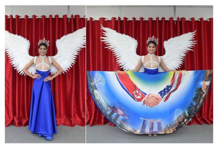 Kostum Miss Universe Singapore terdiri dari sayap merpati putih setinggi 3m dan simbol perdamaian yang dimasukkan dalam rok biru elektrik yang dihiasi dengan cetak digital jabat tangan di atas cakrawala Singapura.