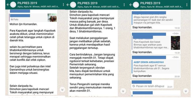Tangkapan layar grup WhatsApp yang diduga berisi anggota kepolisian mendukung salah satu paslon capres di Pemilu 2019