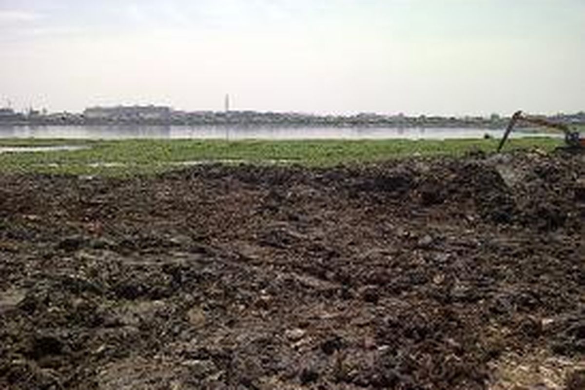 Salah satu mesin sedang mengeruk waduk Pluit yang telah mengalami pendangkalan, Kamis (15/8/2013). Waduk Pluit yang dulu penuh sampah, kini telah berubah menjadi lebih luas dan ditanami beberapa pohon sebagai ruang terbuka hijau.