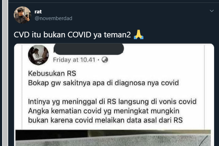 Tangkapan layar twit dari seseorang yang menyebut CVD bukanlah kode untuk penyakit Covid-19.
