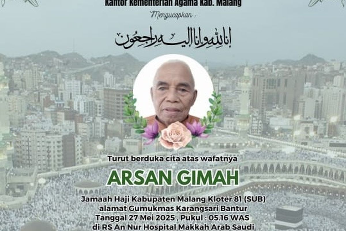 Pamflet ucapan belasungkawa Kantor Kementerian Agama Kabupaten Malang atas meninggalnya salah satu jamaah haji asal Kabupaten Malang.