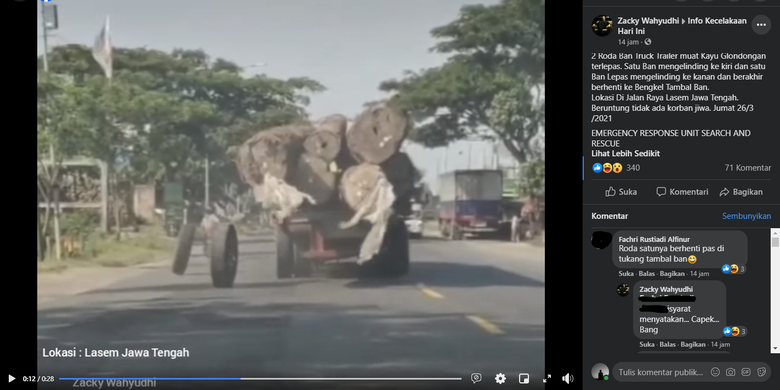 Tangkapan layar video roda truk terlepas di daerah Lasem, Jawa Tengah