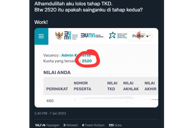 Tangkapan layar twit soal keterangan Kuota yang Tersedia di menu pengumuman TKD dan AKHLAK Rekrutmen BUMN 2022.