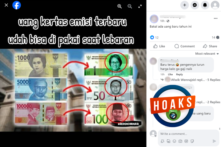 Tangkapan layar konten hoaks di sebuah akun Facebook, Senin (18/3/2024), soal uang kertas emisi terbaru bergambar Sri Mulyani.
