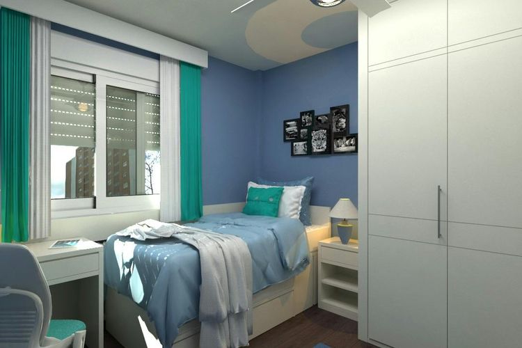 Ilustrasi kamar tidur berwarna biru.