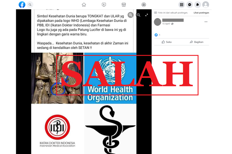Tangkapan layar narasi salah di sebuah akun Facebook, 15 April 2022, soal teori yang mengaitkan logo WHO, PBB, dan IDI dengan mitologi Lucifer dan Dajal