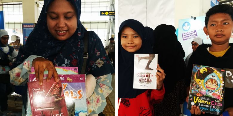 Para pemudik yang mendapatkan buku bacaan dalam program literasi ?Mudik Asyik Baca Buku Tahun 2024? di Terminal Terpadu Pulo Gebang, Jakarta Timur, Selasa (2/4/2024). 