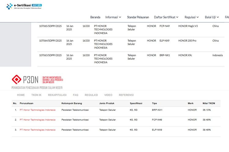 Tangkapan gambar sertifikasi smartphone Honor di laman Postel (atas) dan TKDN (bawah)