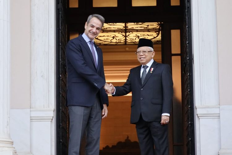Wakil Presiden Ma'ruf Amin saat bertemu Perdana Menteri Yunani Kyriakos Mitsotakis di Athena, Jumat (24/11/2023).