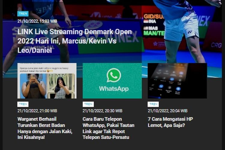 Berita terpopuler Tren hingga Sabtu (22/10/2022) pagi ini adalah link live streaming Denmark Open 2022.