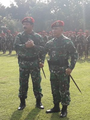 Panglima TNI Marsekal Hadi Tjahjanto melakukan salam komando bersama Komandan Komando Operasi Khusus TNI Brigjen TNI Rochadi selepas peresmian Koopssus TNI di Mabes TNI, Selasa (30/7/2019).