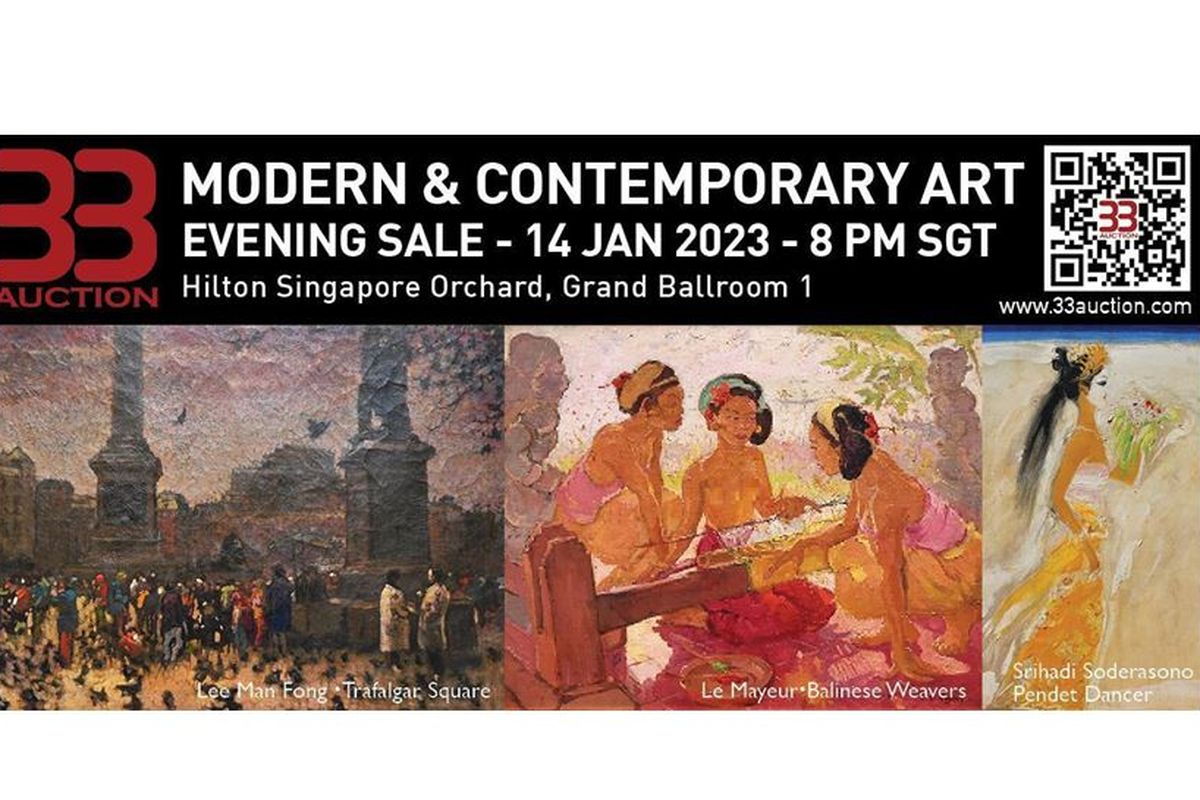 Balai lelang 33 Auction akan melelang 55 karya seni patung dan lukisan bertajuk ?Singapore Art Week Evening Sale? di Hotel Hilton Singapore Orchard, Grand Ballroom 1, Sabtu (14/1/2023), pukul 20.00 waktu Singapura. 
